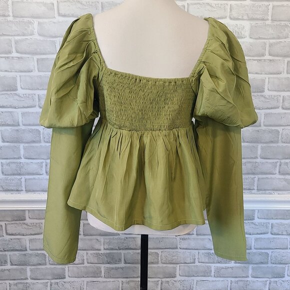 & Merci Green Satin Smocked Long Sleeve Blouse Top Whimseygoth Cottage NEW L - Picture 3 of 8